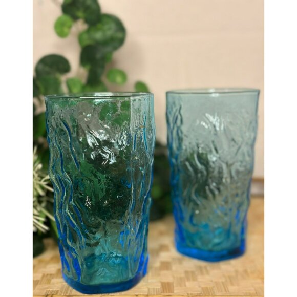 VTG Lido Milano Aquamarine Juice Glasses, Retro Cool Crinkle Ocean Blue Set of 2 - Picture 2 of 6